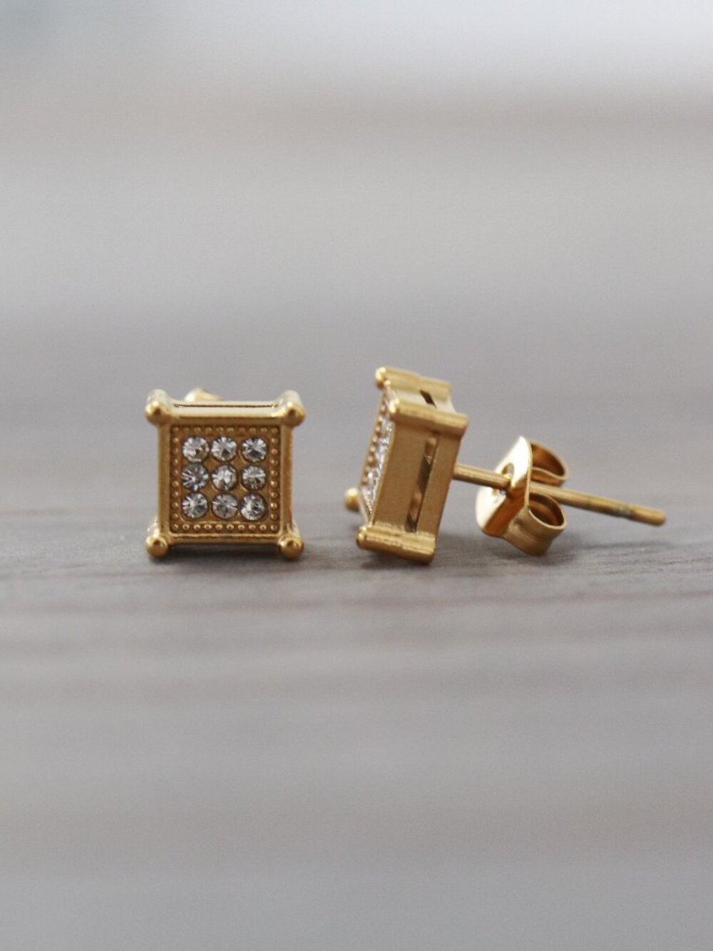 7mm Square CZ Micro Pave Style 4-Prong Stud Earrings 18k Gold Plated Stainless S
